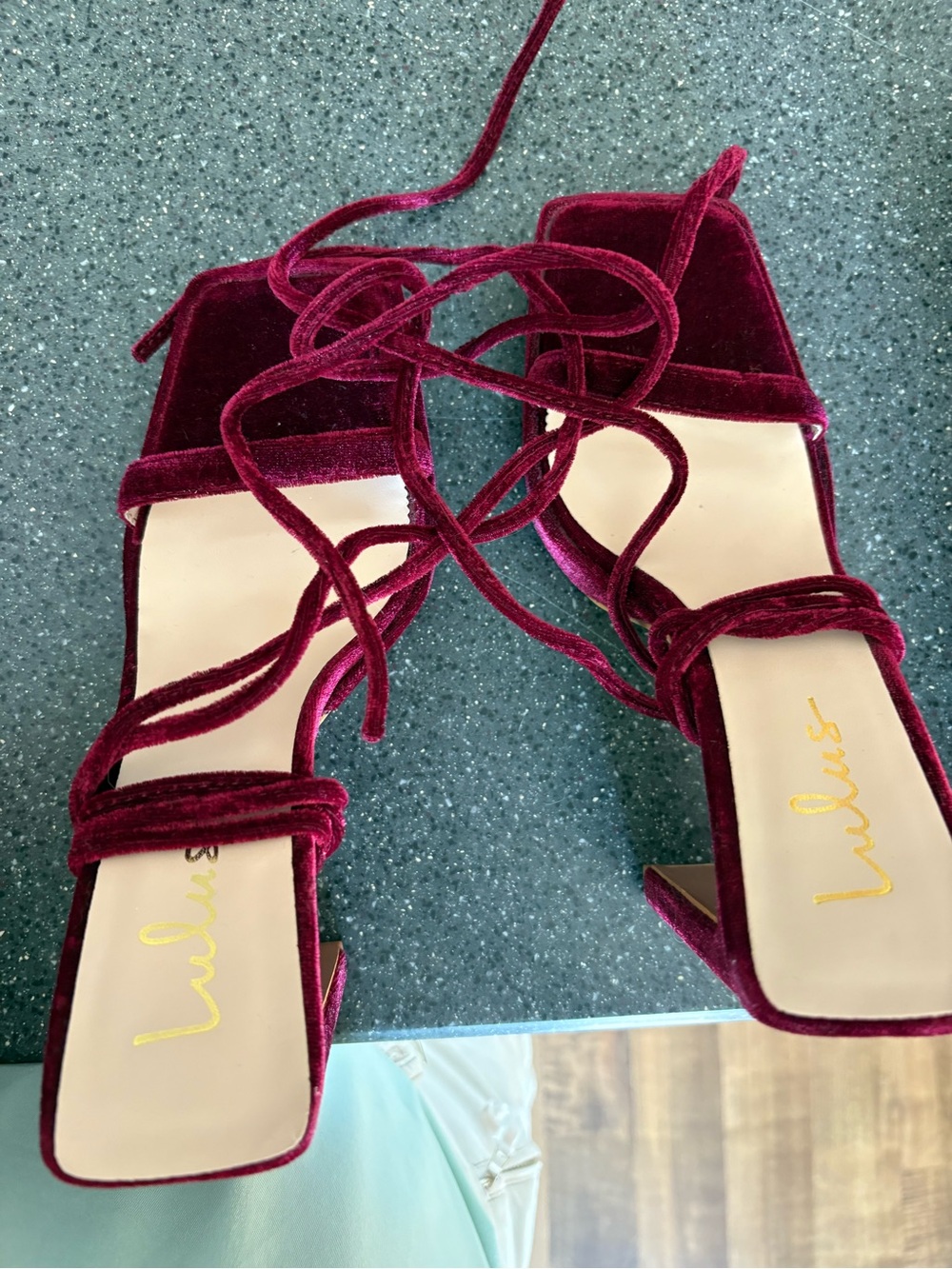 Lulu's Wine Velvet Lace-Up Block Heel Sandals